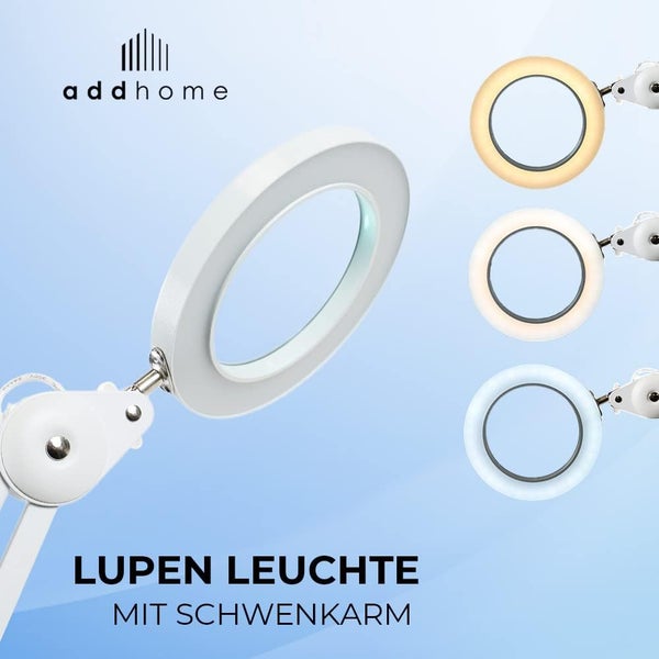 addhome Logo, Lupenleuchte mit Schwenkarm, LED-Ringlicht und drei einstellbaren Farbtemperaturen.