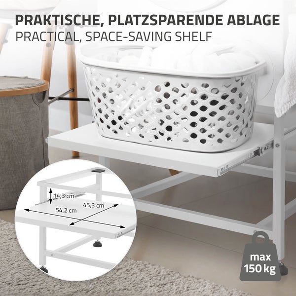Ausziehbare Ablage für Waschmaschinen-Unterbau mit Maßen 54,2 mal 45,3 mal 14,3 Zentimeter und einer Maximalbelastung von 150 Kilogramm.