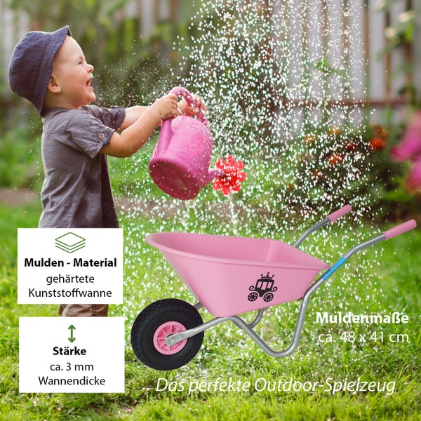 Rosa Kinderschubkarre mit Kunststoffwanne und schwarzem Rad