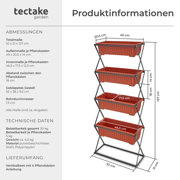 Vertikalbeet tectake  52 x 21 x 127 cm mit 4 Pflanzkästen braun