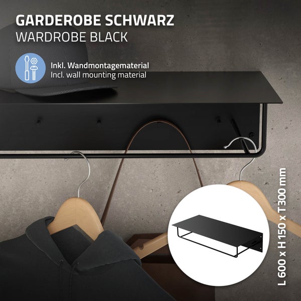 ML-Design 4er Set Wandgarderobe mit Hakenleiste, Kleiderstange & Hutablage, 60x30x15 cm, Schwarz, Metall Flurgarderobe für Jacken & Mäntel, Garderobe, Wandmontage, Garderobenpaneel hängend für Eingang