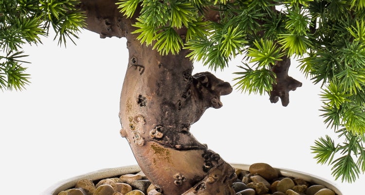 Detailaufnahme eines künstlichen Bonsais mit strukturiertem Stamm, grünen Nadeln und Kieselsteinen in einer Schale.