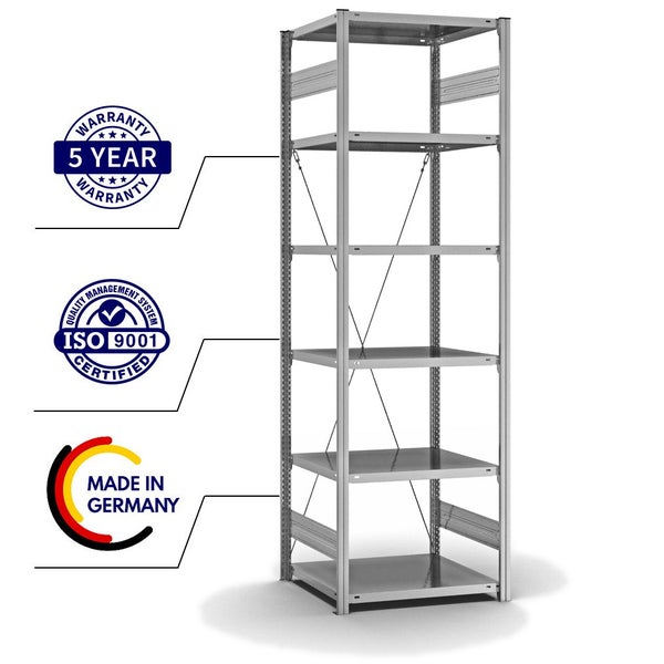 PROREGAL Fachbodenregal Stecksystem T-Profil Light-Duty Grundregal HxBxT 250 x 75 x 60 cm 6 Ebenen Fachlast 140 kg Einseitig Nutzbar Verzinkt
