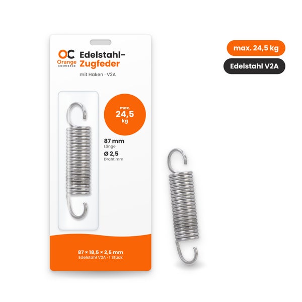 Orange Commerce Edelstahl Zugfeder mit Haken, 87 Millimeter Länge, 2,5 Millimeter Drahtdurchmesser, maximale Tragkraft 24,5 Kilogramm.