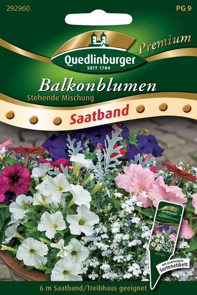 Quedlinburger Logo auf einer Packung Saatband für eine stehende Mischung aus Balkonblumen mit einer Länge von 6 Metern.