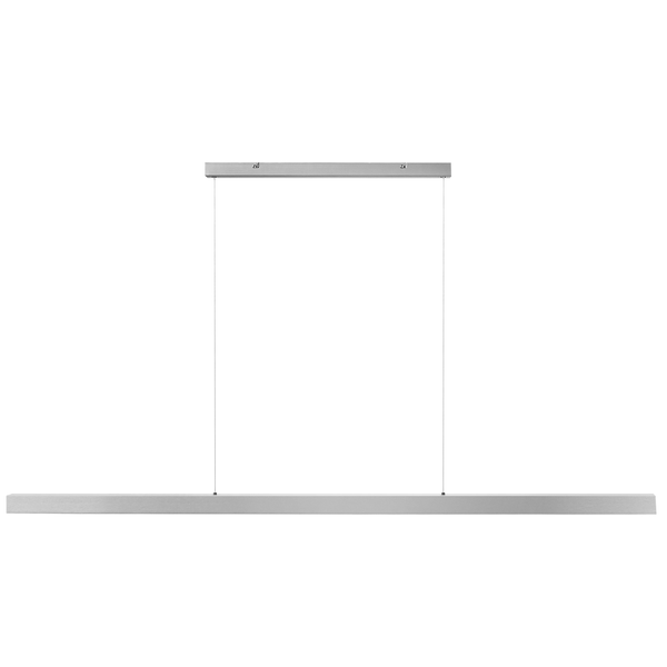 Lineare LED-Pendelleuchte aus gebürstetem Metall mit schmalem Deckenbaldachin.