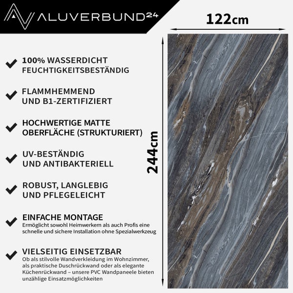 Wandpaneel in der Größe 122 mal 244 Zentimeter mit wasserdichten, feuchtigkeitsbeständigen, schwer entflammbaren und UV-beständigen Eigenschaften