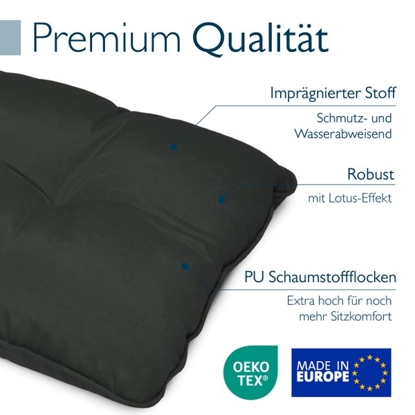 Sitzkissen mit wasserabweisendem Stoff, Lotuseffekt und Füllung aus Polyurethan-Schaumstoffflocken. Oeko-Tex zertifiziert und in Europa hergestellt.