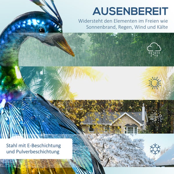 Pfau Skulptur aus Metall, mit filigraner Federstruktur und leuchtenden Farben