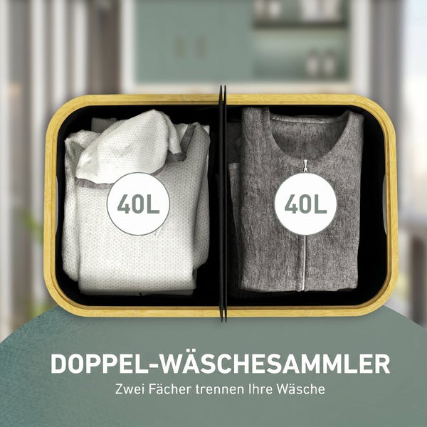 Doppelwäschesammler mit zwei Fächern zu je 40 Liter Fassungsvermögen für eine geordnete Wäschetrennung.