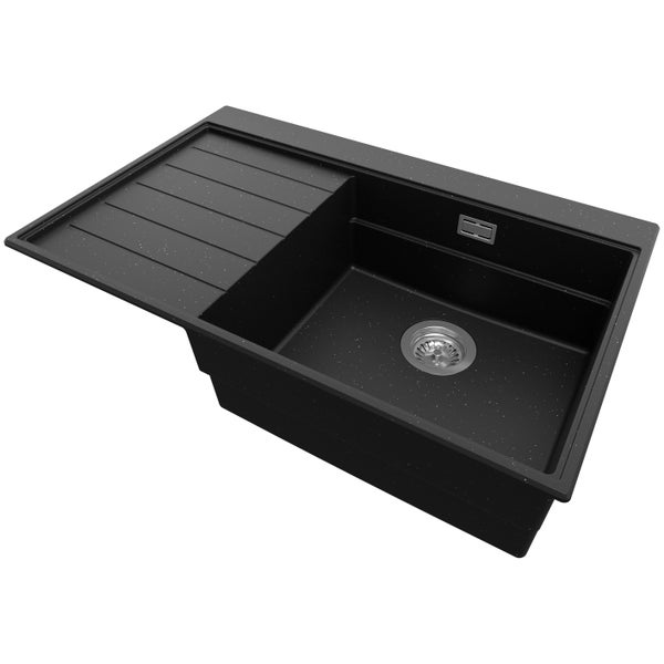 PRIMAGRAN Spülbecken Schwarz Metallic 78x50cm, Granitspüle 1 Becken + Ablauf-Set, Küchenspüle ab 50er Unterschrank - Sydney