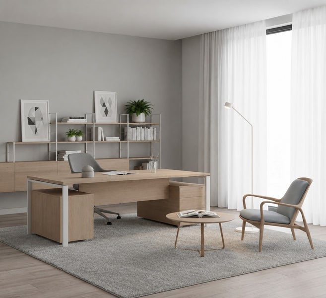 Modernes Heimbüro mit Schreibtisch aus Holz, ergonomischem Bürostuhl, Regalwand, Stehlampe und Sessel auf einem Teppich in hellem Raum.