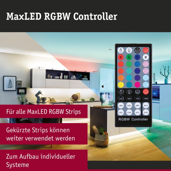 MaxLED RGBW Controller Fernbedienung für LED Streifen in einer modernen Küche mit farbiger Akzentbeleuchtung unter Schränken und an der Decke.