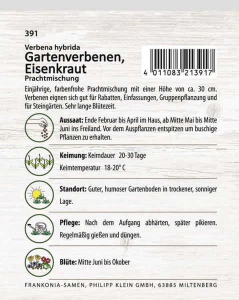 Samenpackung Gartenverbenen und Eisenkraut mit Informationen zu Aussaat, Keimung, Standort, Pflege und Blütezeit