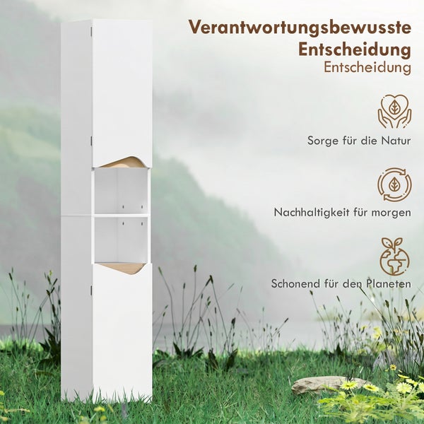 Hoher weißer Badschrank mit Holz-Akzenten und offenen Fächern in einer Wiese. Symbole für Nachhaltigkeit, Naturschutz und Schutz des Planeten.