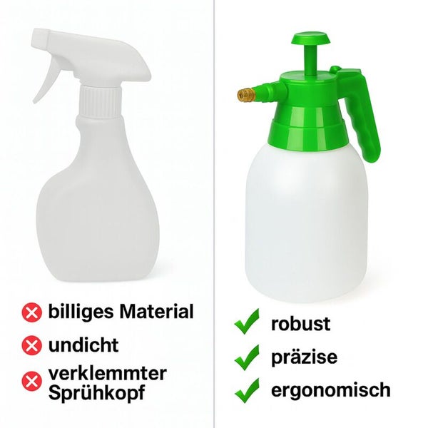 Vergleich einer herkömmlichen Sprühflasche mit einem robusten Drucksprüher der präzise und ergonomisch ist.
