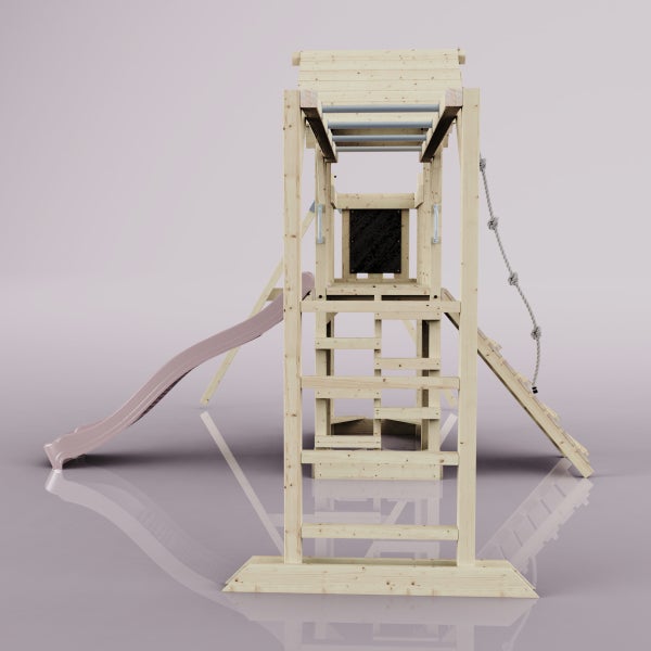 Spielturm aus Holz mit Rutsche, Kletterwand und Schaukel