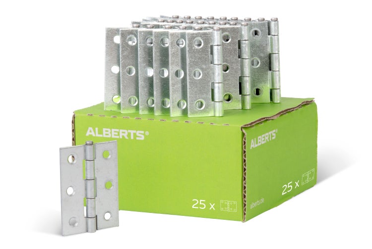 Ein Karton mit 25 Stück verzinkten Einbohrbändern von Alberts Logo mit einem einzelnen Einbohrband im Vordergrund.