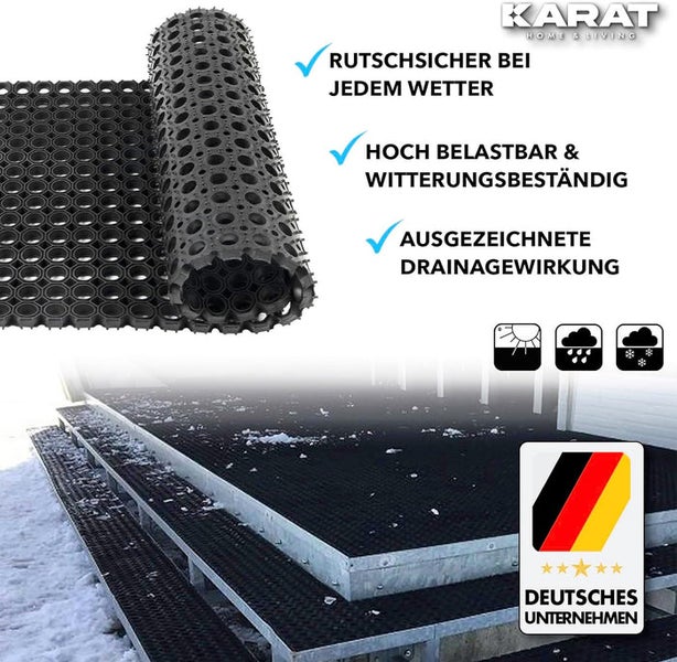 Ringgummimatte für den Außenbereich auf Treppenstufen, rutschsicher bei jedem Wetter, wetterfest mit Drainagefunktion, Karat Home & Living Logo.