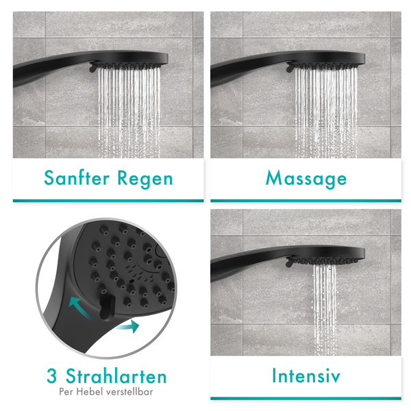 Engelbach® Handbrause 3 Strahlarten, Universal Duschbrause (9L/Min) - Matt Schwarz