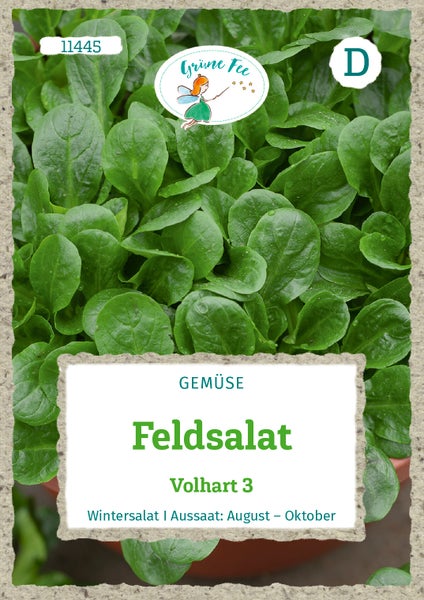 Feldsalat Volhart 3 von Grüne Fee, Wintersalat mit grünen Blättern, Aussaat von August bis Oktober. Grüne Fee Logo.