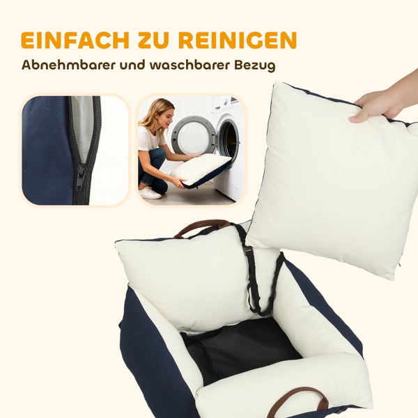 Hundebett mit abnehmbaren und waschbaren Kissen, Reißverschluss-Detail und Demonstration der Reinigung in einer Waschmaschine.
