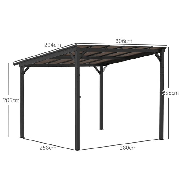 Outsunny Pergola Pavillon ca. 3x3m, Wasserdicht, Stabil, Winterfest Terrassenüberdachung mit UV-Schutz 50+, Wandmontiert Gartenpavillon aus Metall, Sonnenschutz für Garten Terrasse Balkon Dunkelgrau