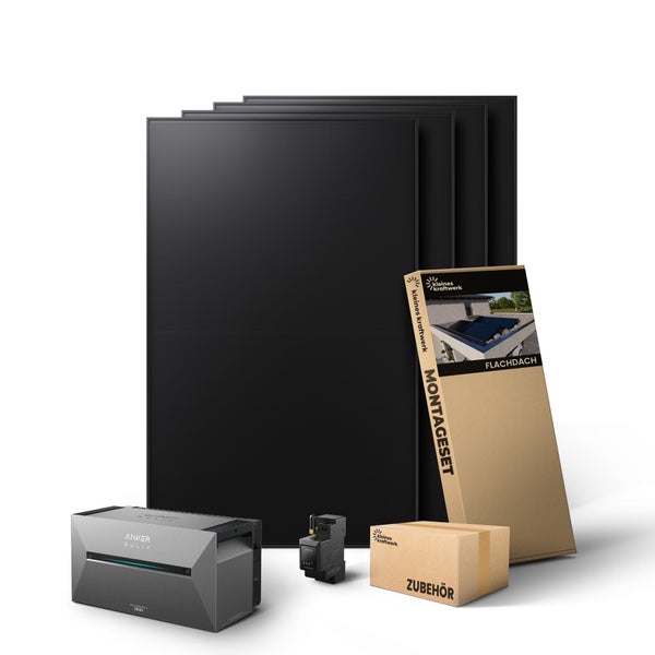 Balkonkraftwerk Komplettset mit vier Solarmodulen, Anker SOLIX Solarbank 2 Pro, Montageset für Flachdächer und Zubehör.