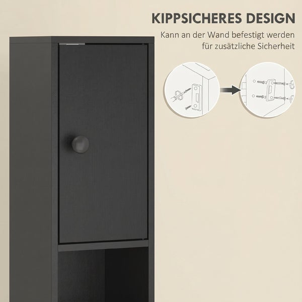 Schwarzer Hochschrank mit Tür und offenem Fach, inklusive Kippschutz zur Wandmontage für zusätzliche Stabilität und Sicherheit.