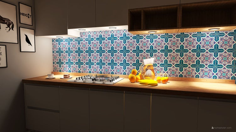 Küche mit gemusterten Fliesen, Arbeitsplatte und Küchengeräten