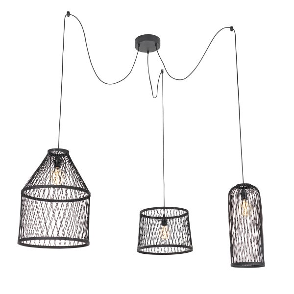 Dreiflammige Pendelleuchte mit Schirmen aus Metallgeflecht in verschiedenen Formen und Spinnenaufhängung.