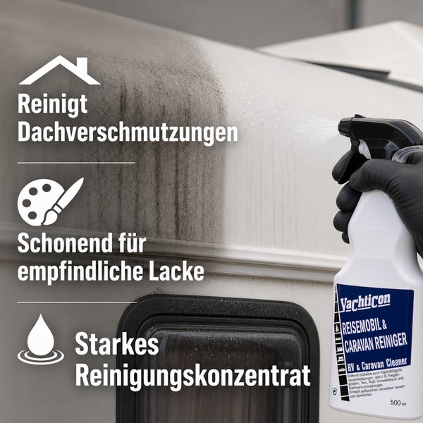 Yachticon Reisemobil und Caravan Reiniger in der Sprühflasche bei der Reinigung einer Wohnmobilwand.