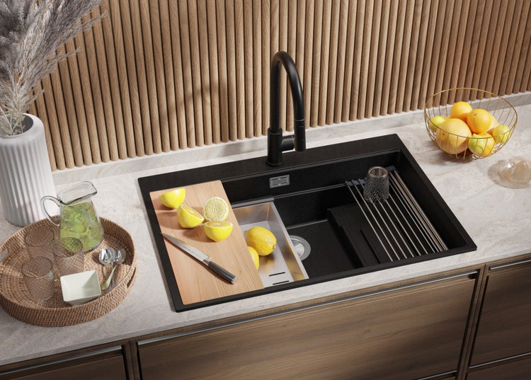 PRIMAGRAN Spülbecken Schwarz 78x53cm, Granitspüle 1 Becken + Ablauf-Set + Küchenzubehörset, Küchenspüle ab 80er Unterschrank - Oslo Max