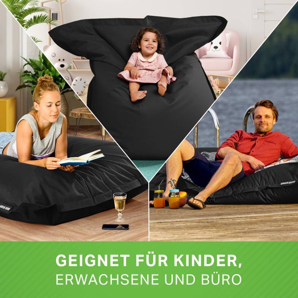 Green Bean Sitzsack XXL 140x180cm 380 Liter Kinder & Erwachsene Bean Bag EPS Perlen Füllung Riesensitzsack Groß Draußen Outdoor Liegekissen Waschbar Wetterfest Lounge Sitzkissen Bodenkissen Schwarz