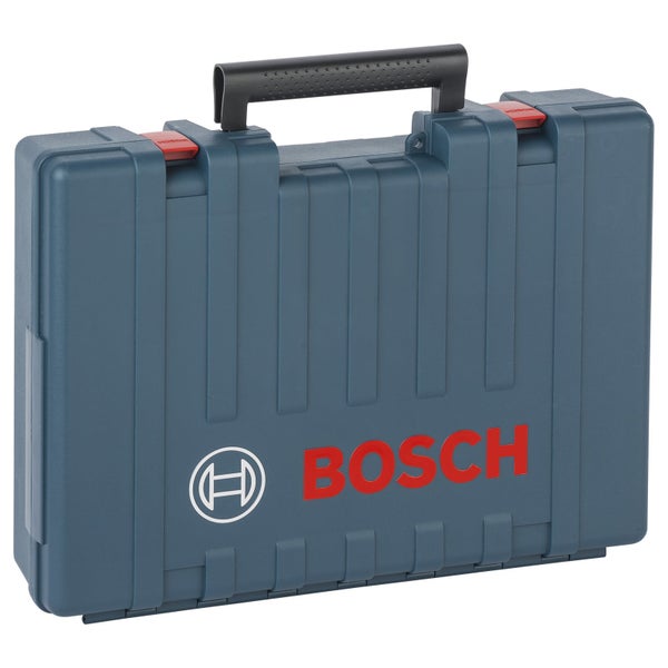 Bosch Werkzeugkoffer aus blauem Kunststoff mit schwarzem Tragegriff und roten Verschlüssen.
