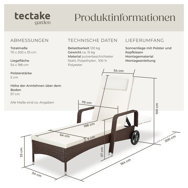 Rattan Sonnenliege tectake  200 x 70 x 33 cm widerstandsfähig braun gemischt