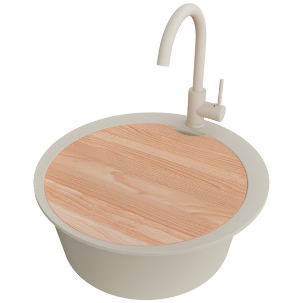 Rundes Waschbecken mit Holzeinsatz und Armatur