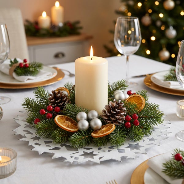 Weihnachtlicher Tischschmuck mit Stumpenkerze, Tannengrün, Zapfen, Orangenscheiben und Weihnachtskugeln auf einem sternförmigen Teller.
