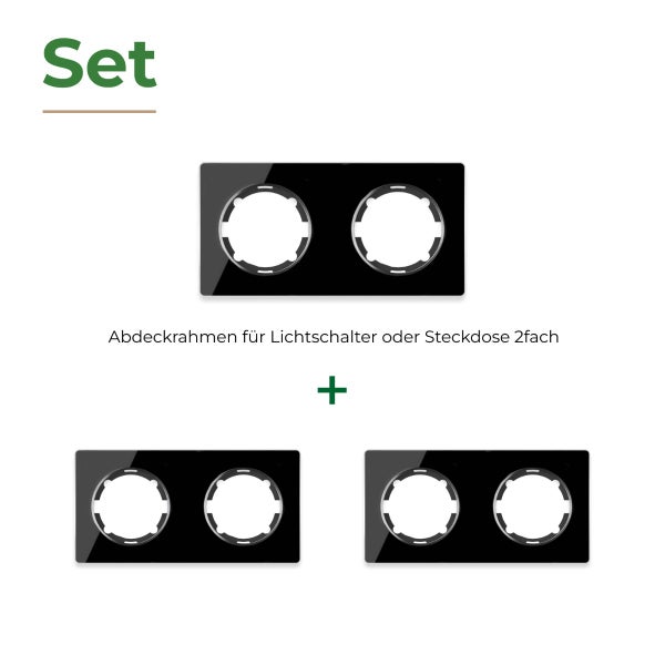 Set aus drei zweifachen Abdeckrahmen für Lichtschalter oder Steckdosen für eine horizontale Montage