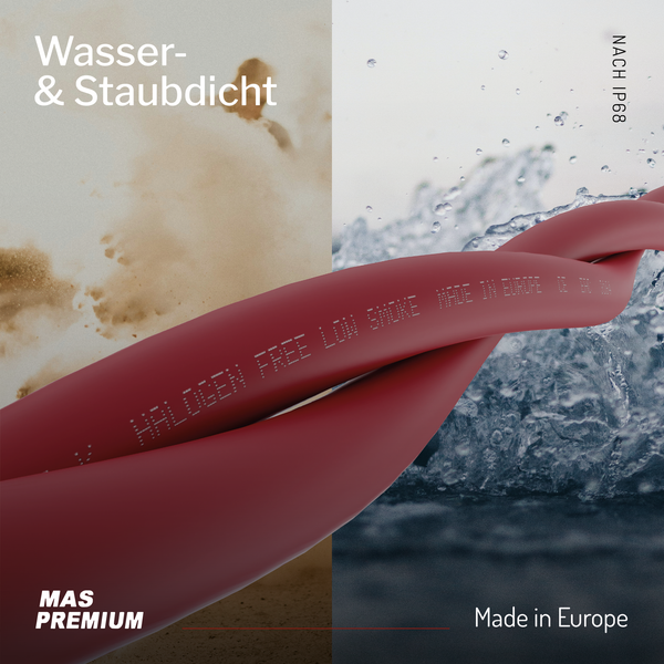 Halogenfreies und raucharmes Kabel, MAS Premium Logo, wasser- und staubdicht nach IP68, hergestellt in Europa.
