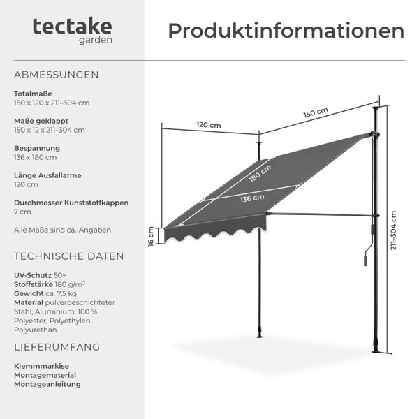 tectake garden Logo. Infografik einer Klemmmarkise: Breite 150, Ausfall 120, Höhe 211 bis 304 Zentimeter, UV-Schutz 50 plus.