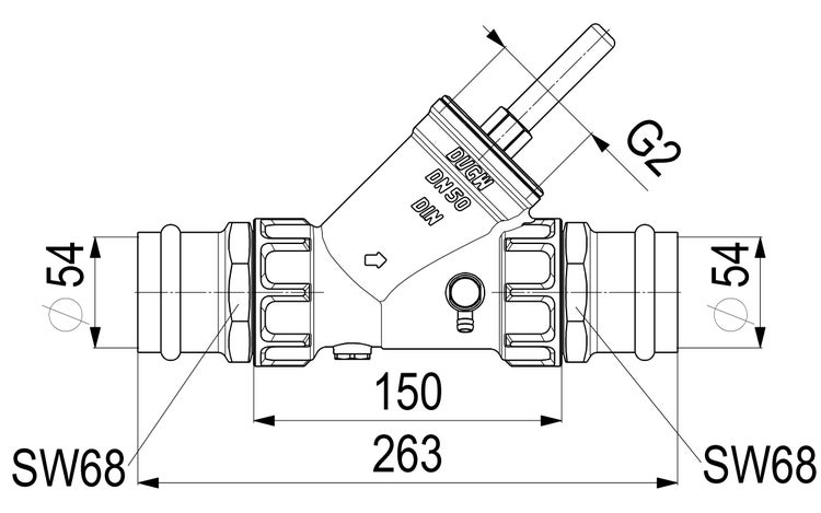 Technische Zeichnung eines Schrägsitzventils Nennweite 50 mit Maßangaben in Millimetern.