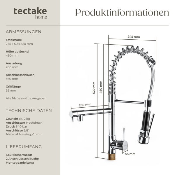 Produktinformationen: Spültischarmatur mit Maßen und technischen Daten.
