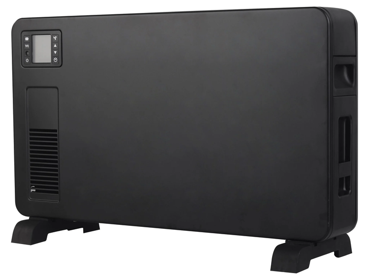 Schwarzer Konvektor-Heizkörper mit digitaler Steuerung und Standfüßen.
