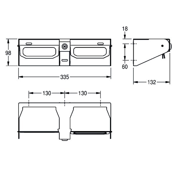 Technische Zeichnung einer Wandleuchte mit den Maßen 335 Millimeter mal 98 Millimeter mal 132 Millimeter.