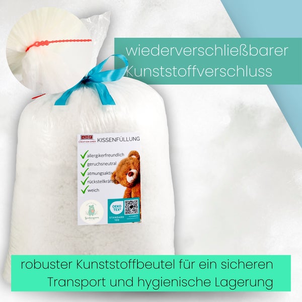 Kissenfüllung in einem robusten, wiederverschließbaren Kunststoffbeutel mit Oeko-Tex Standard 100 Zertifizierung.