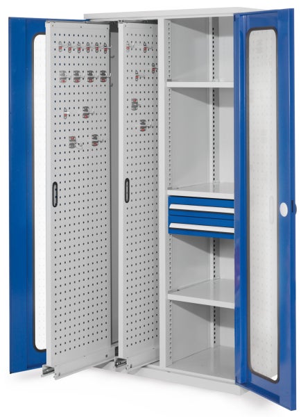Werkstattschrank mit Regalböden, Schubladen und Lochplatten für Werkzeugaufbewahrung