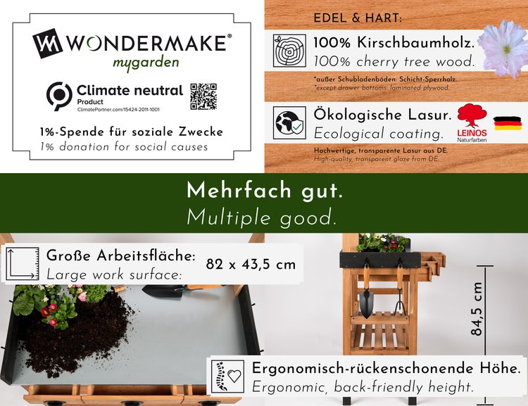 WONDERMAKE - Premium Pflanztisch aus Kirschbaum Holz mit Schubladen wetterfest, Garten-Arbeitstisch XL Outdoor draußen Balkon hochwertig, Gärtnertisch, dunkel-braun schwarz