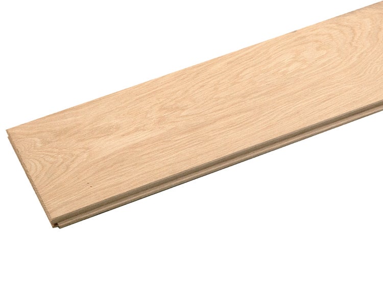 Parkettdiele aus Eichenholz mit Nut- und Feder-Verbindung und natürlicher Holzmaserung.