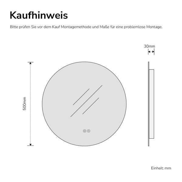 Maßzeichnung eines runden Spiegels mit einem Durchmesser von 500 Millimetern und einer Tiefe von 30 Millimetern.